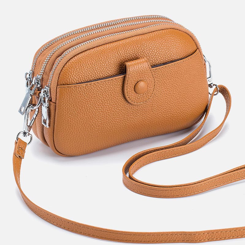 Triple Zip Real Leather Shoulder Bag Casual Crossbody Bag for Women