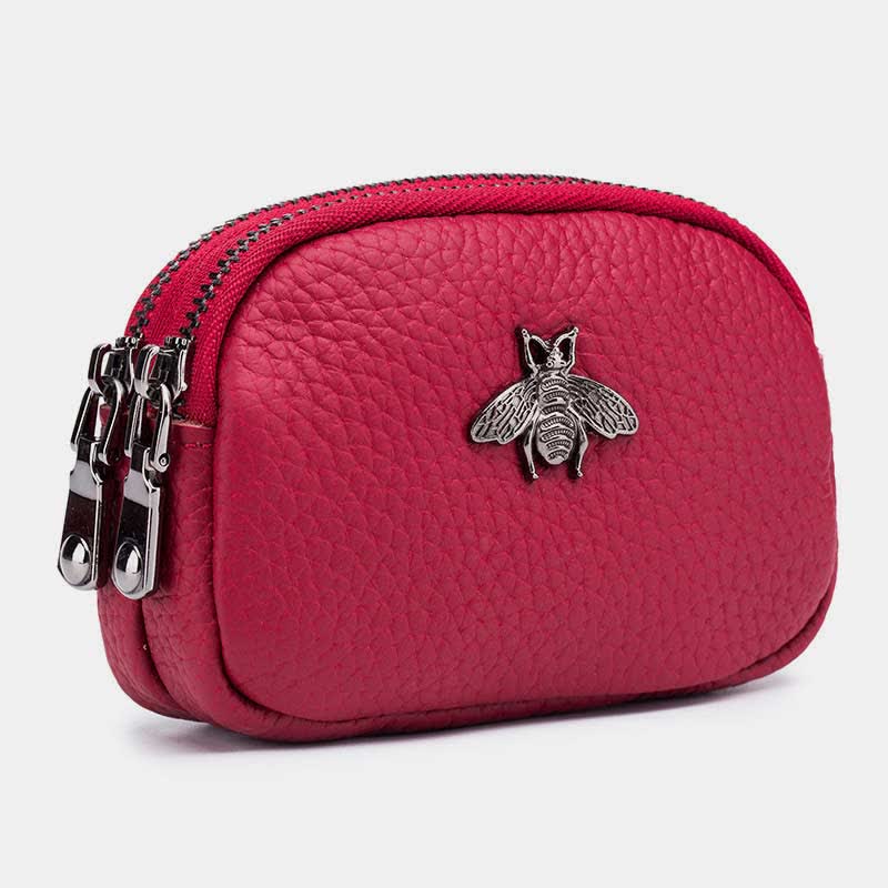 Women Genuine Leather Double Zipper Small Wallet Change Coin Purse