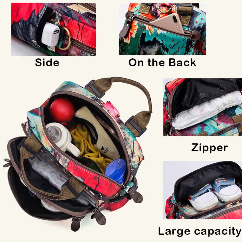 Multifunctional Waterproof Flower Printing Backpack Floral Diaper Bag Crossbody Bag