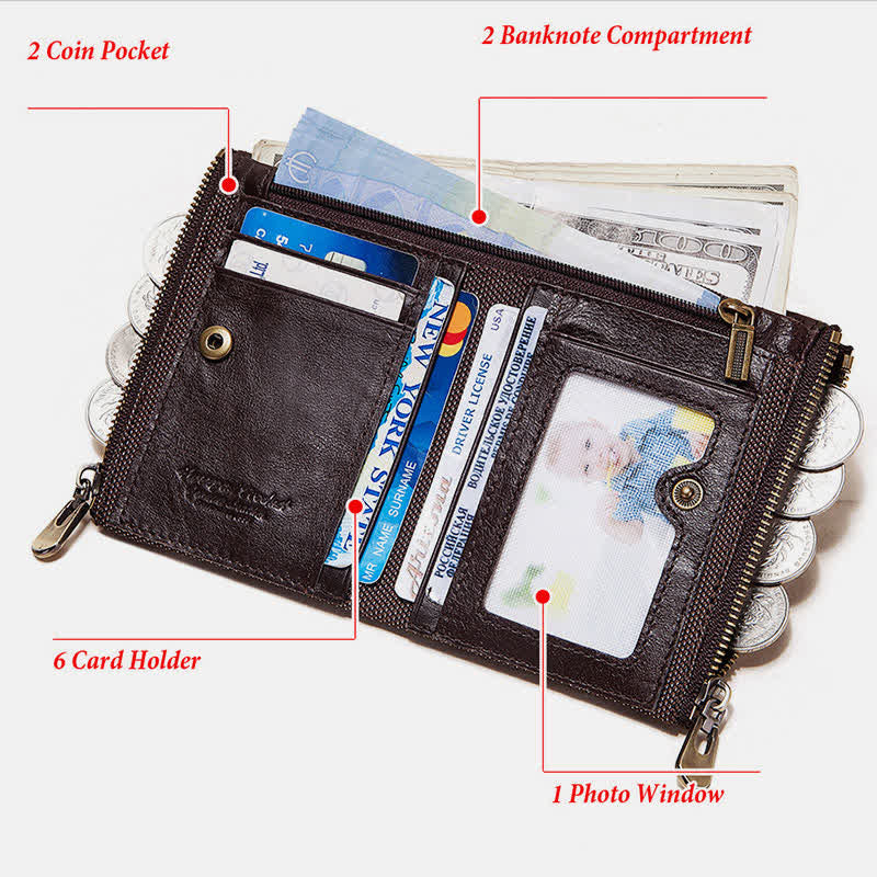 RFID Blocking Bifold Wallet Retro Cowhide Leather Wallet with Chain