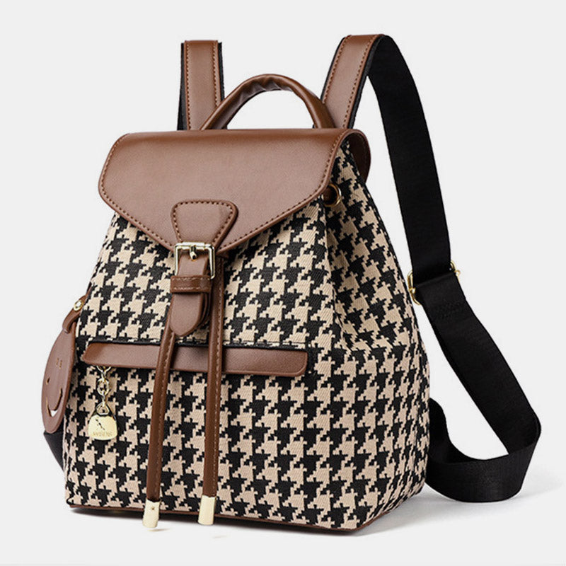 Women’s Mini Backpack Purse Houndstooth Print Flap Daypack Leather Shoulder Bag