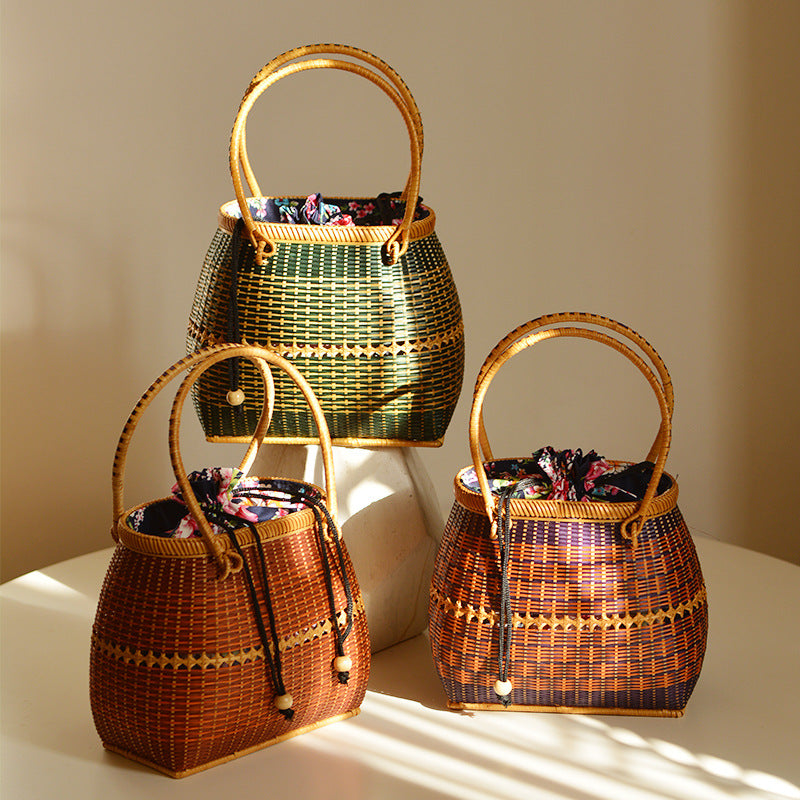 Bamboo Handbag Straw Woven Rattan Purse Basket Bag For Women