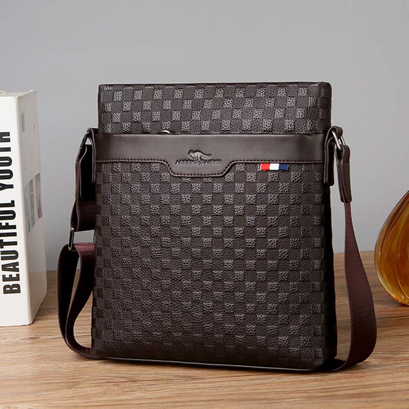 Genuine Leather Waterproof Messenger Bag for Men Plaid Crossbody Bag