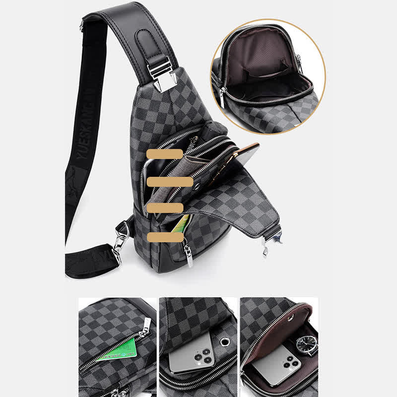 Double Layer Leather Sling Bag for Men Casual Plaid Crossbody Daypack