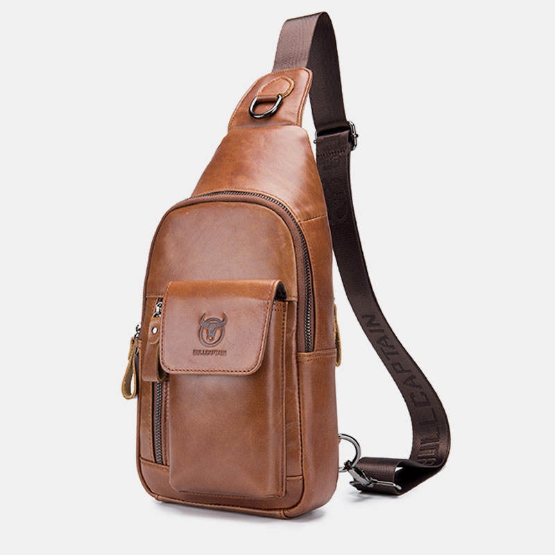 Genuine Leather Sling Chest Bag with Earphone Hole