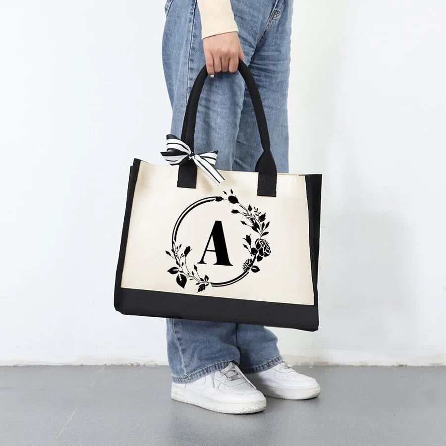 Custom Initial Floral Canvas Tote Shopping Travel Handbag