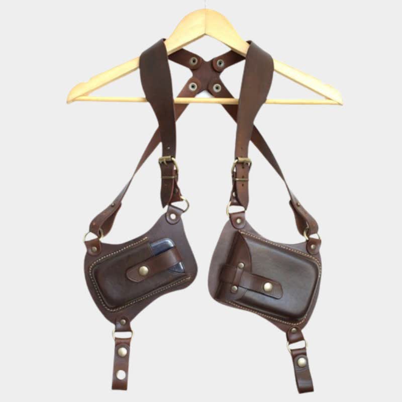 Leather Shoulder Holster Double Pocket Shoulder Strap Vest Pouch Bag