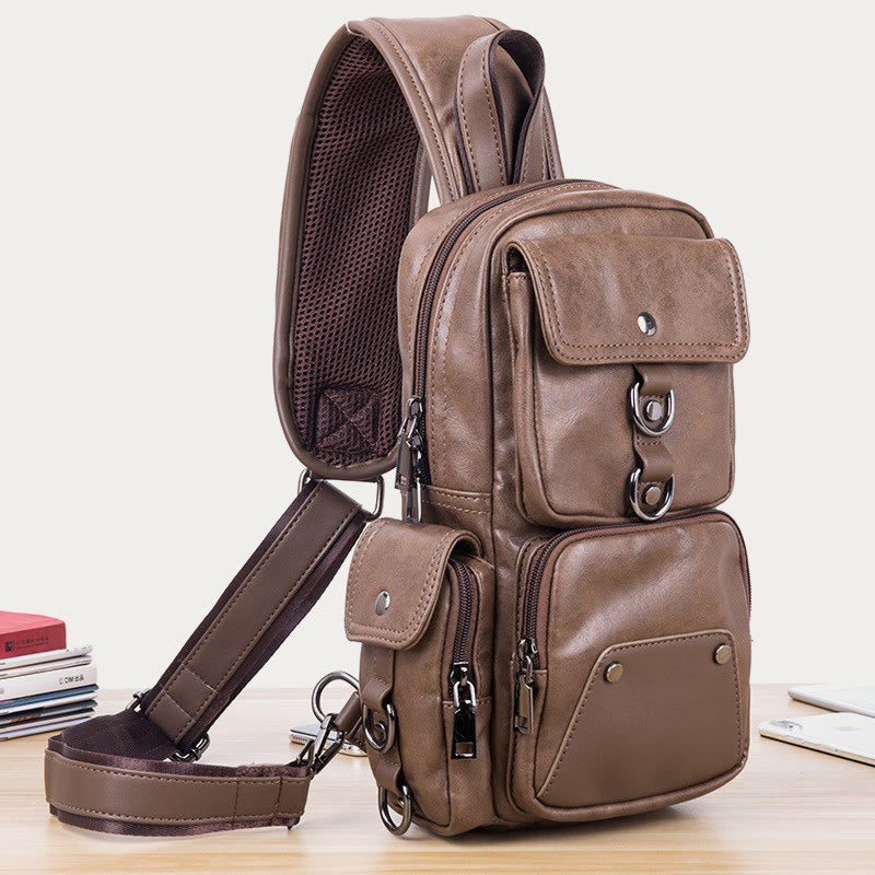 Retro Anti-theft Multi-Pocket Leather Sling Bag Roomy Daypack