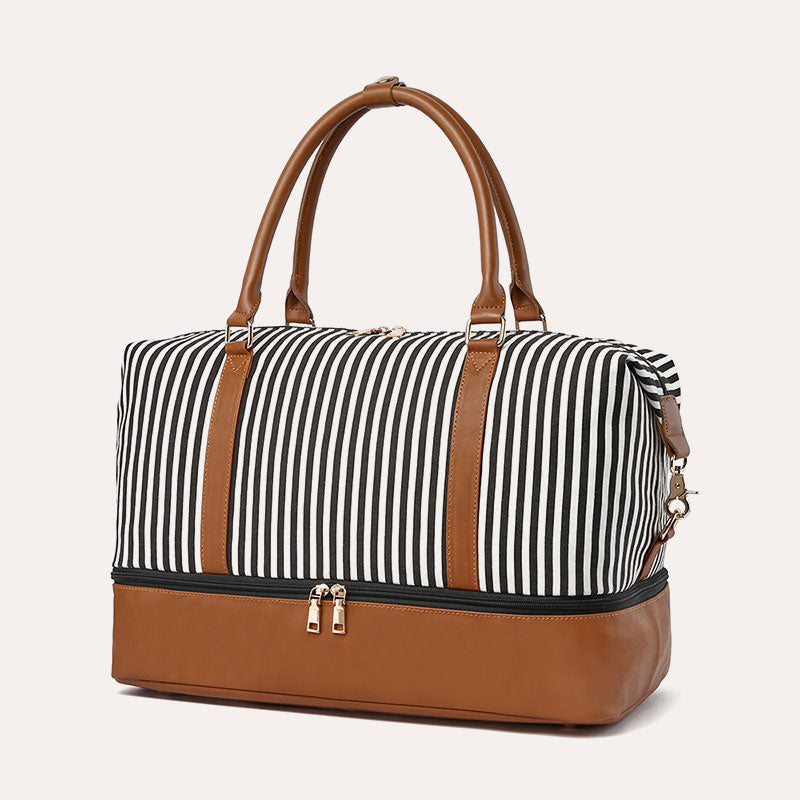 Stripe Canvas Duffel Bag Handbag Weekender Bag with Luggage Sleeve