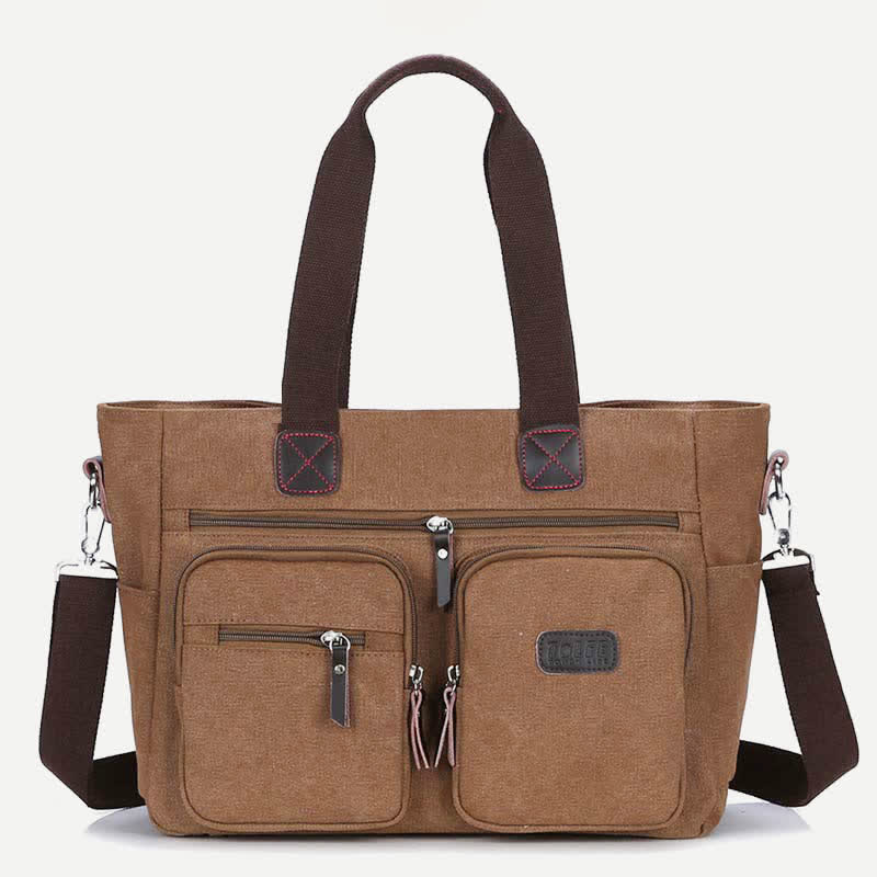 Multi-Pocket Tote Handbag for Women Men Retro Canvas Laptop Bag