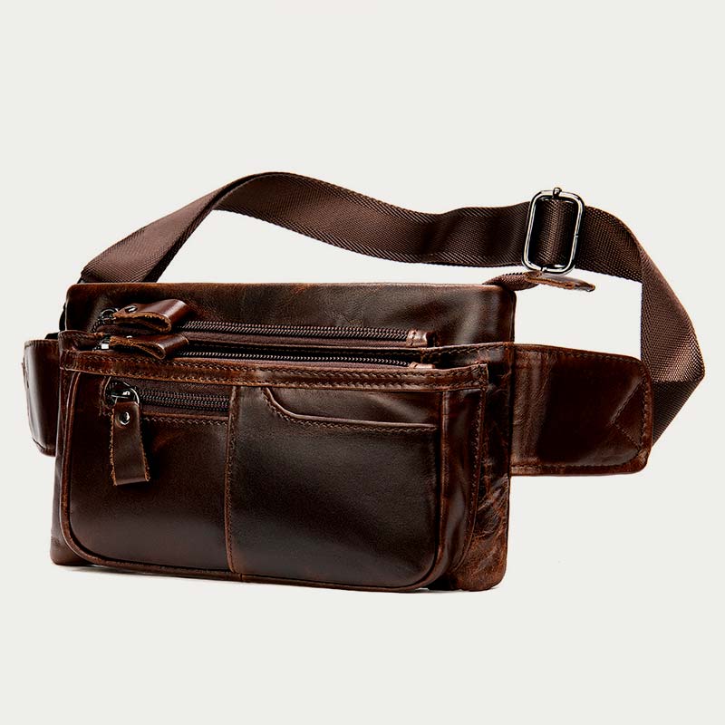 Men Classic Leather Sling Bag Waist Bag with Ajustable Strap