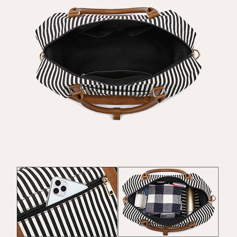 Stripe Canvas Duffel Bag Handbag Weekender Bag with Luggage Sleeve