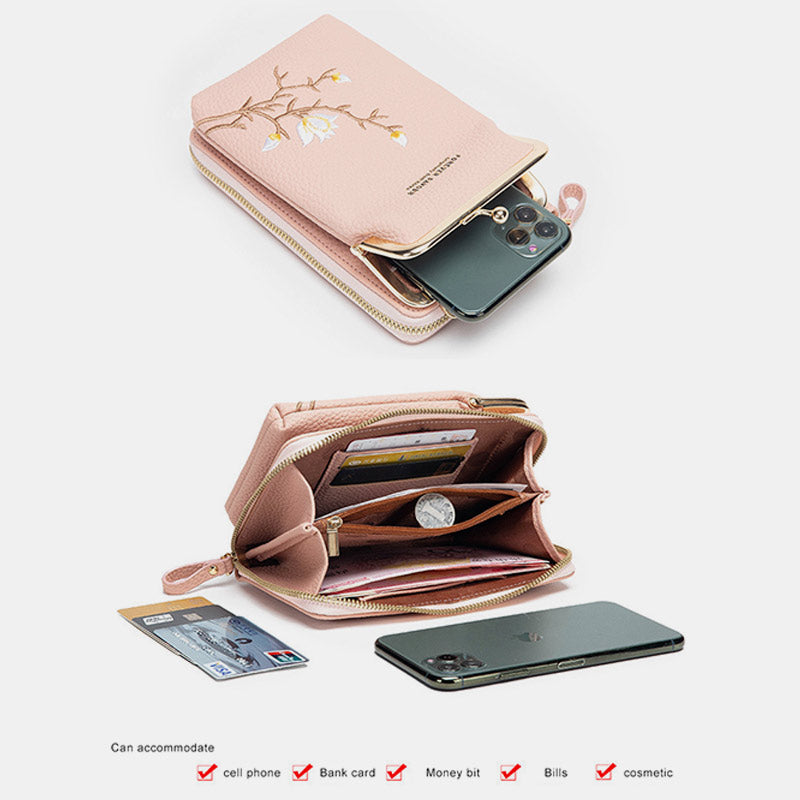 Multi-Slot Elegant Floral Embroidery Crossbody Phone Bag