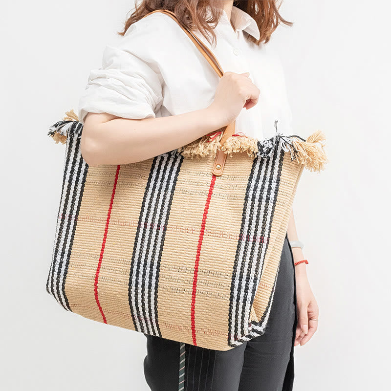 Tassel Canvas Handbag For Women Large Buckle Closure Tote