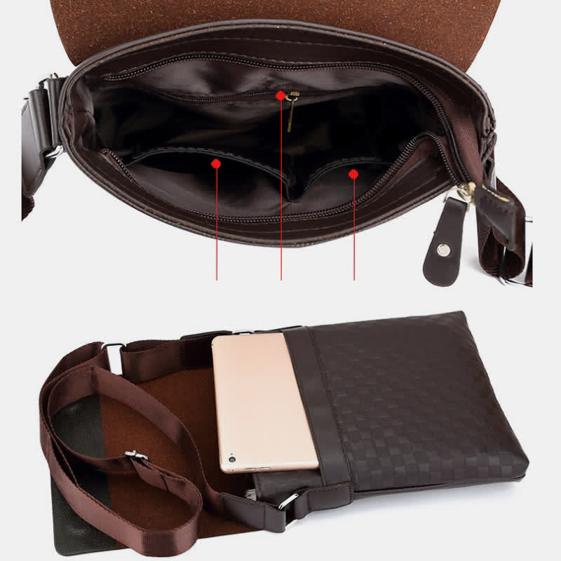 Small Messenger Bag for Men Plaid PU Leather Crossbody Shoulder Bag