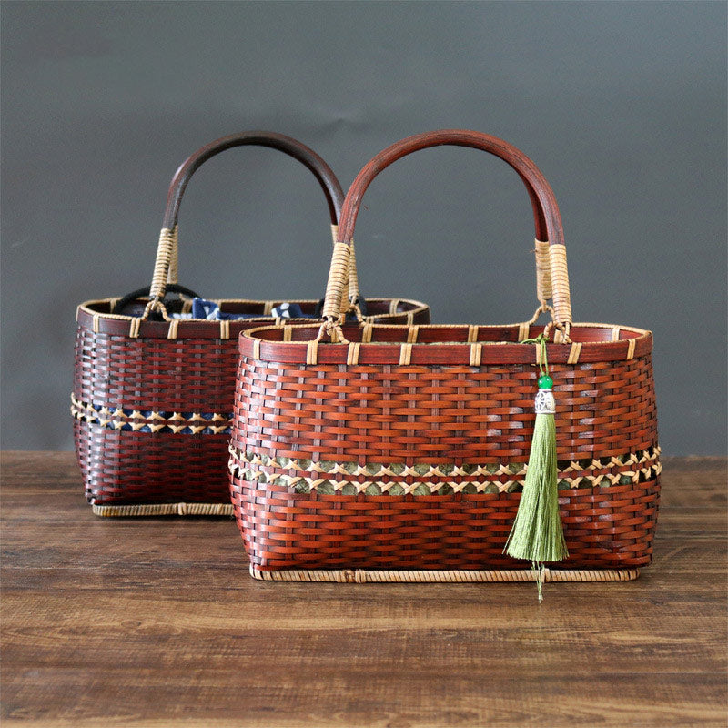 Retro Basket Bag Bamboo Strips Woven Purse Straw Handbag