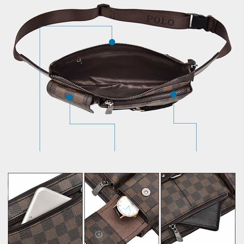 Waist Bag for Men Leather Plaid Travel Sling Bag Chest Bag