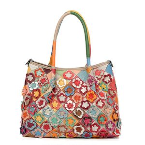 Genuine Leather Multicolor Flower Boho Handbag