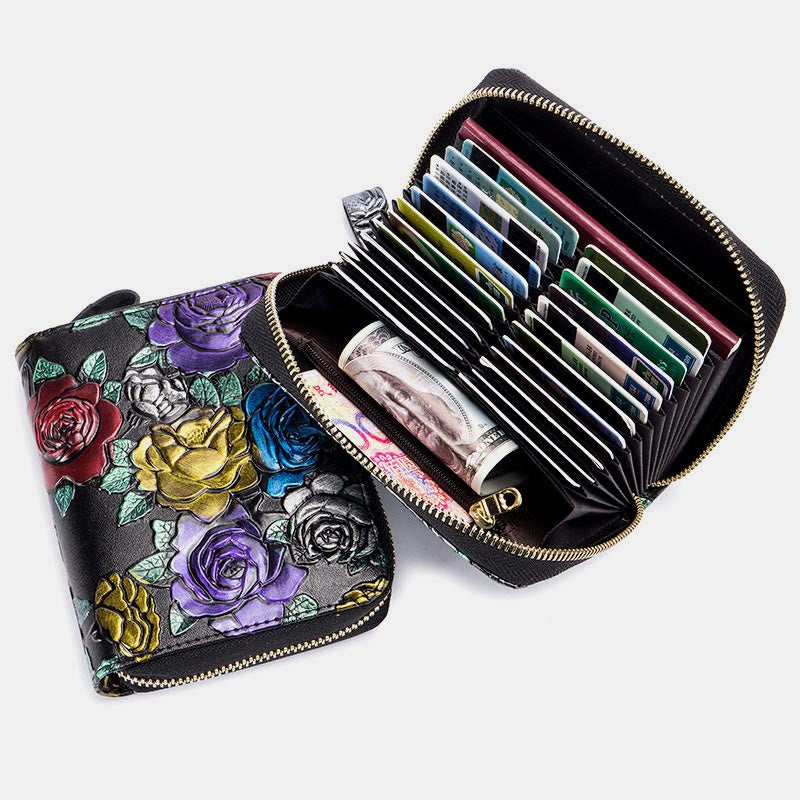 RFID Multi-Slot Elegant Hand-Painted Floral Wallet Card Holder