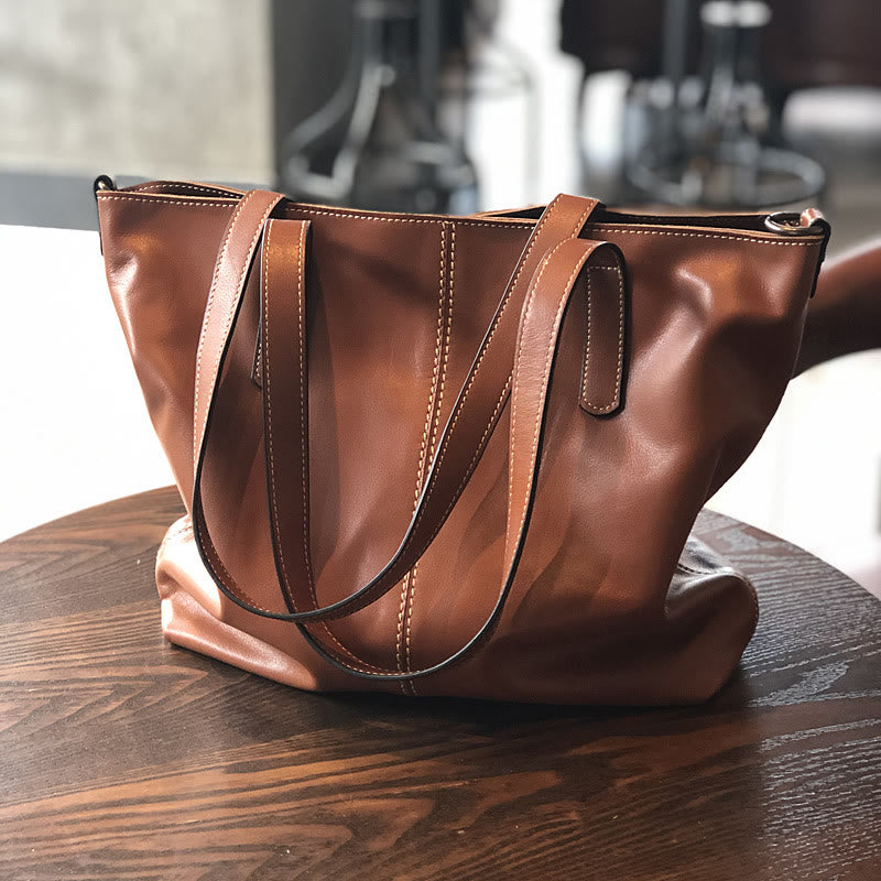 Genuine Leather Tote Bags for Women Casual Shoulder Purse with Crossbody Strap