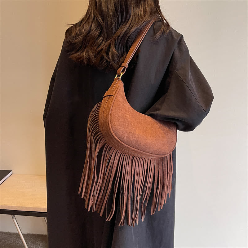 Tassel Underarm Bag For Women Retro Crescent Leather Shoulder Bag