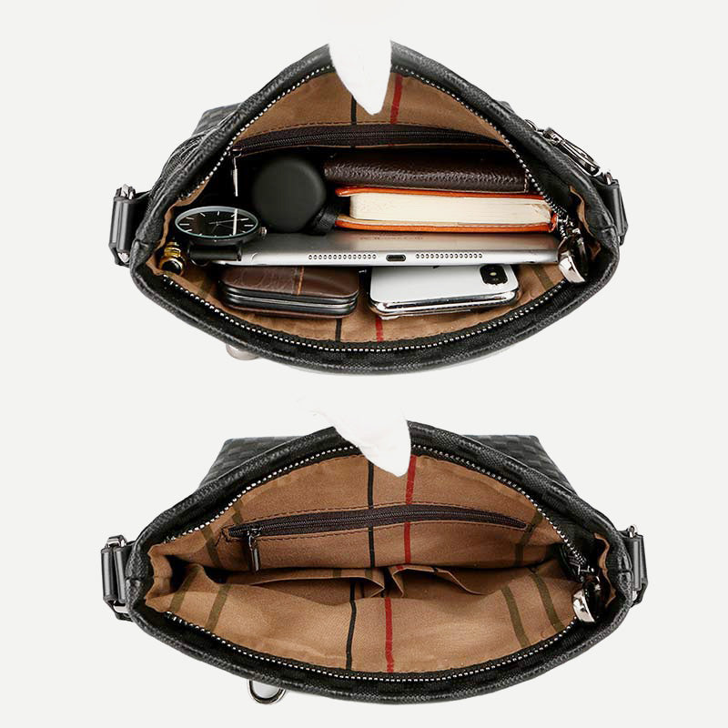 Genuine Leather Waterproof Messenger Bag for Men Plaid Crossbody Bag