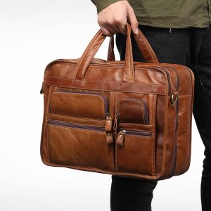 Men’s Genuine Leather Briefcase 15.6″ Business Laptop Bag with Crossbody Strap