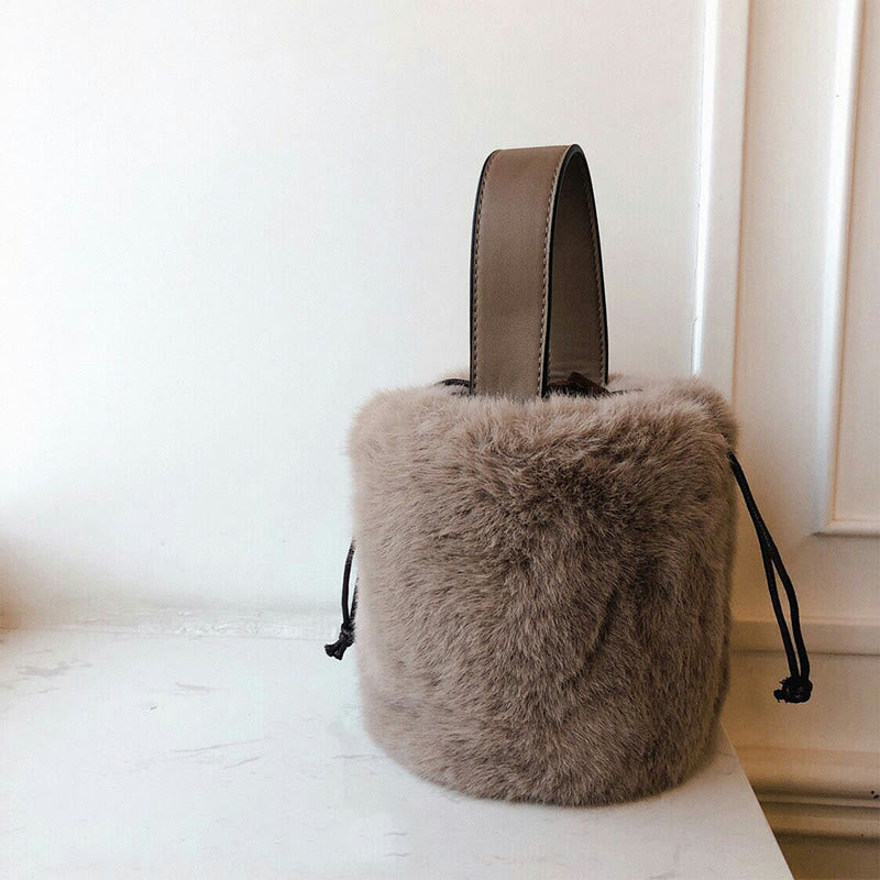 Drawstring Handbag For Women Faux Fur Minimalist Bucket Bag