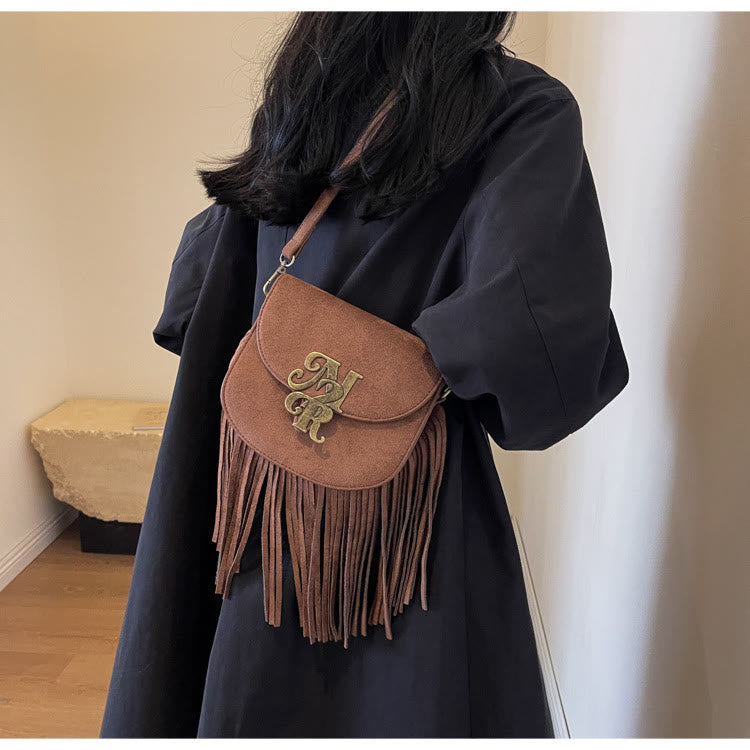 Women Autumn Flannelette Bag Retro Letter Buckle Crossbody Tassel Bag