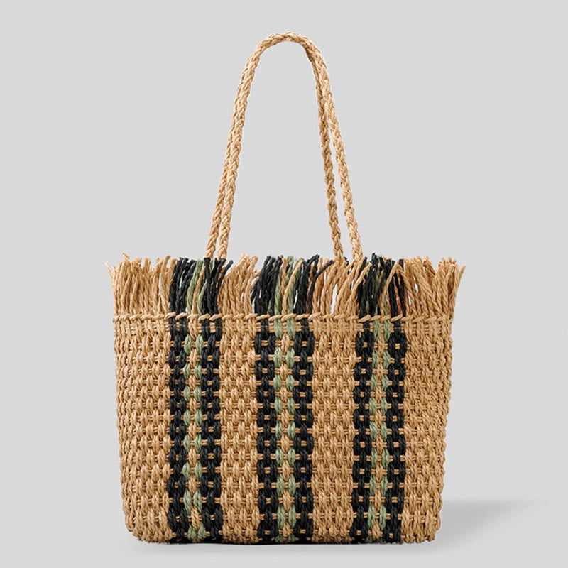 Tote Bag For Women Casual Vertical Stripes Straw Beach Bag