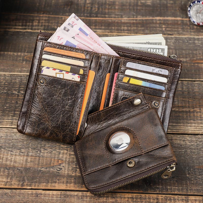 RFID Blocking AirTag Wallet Genuine Leather Triflod Wallet