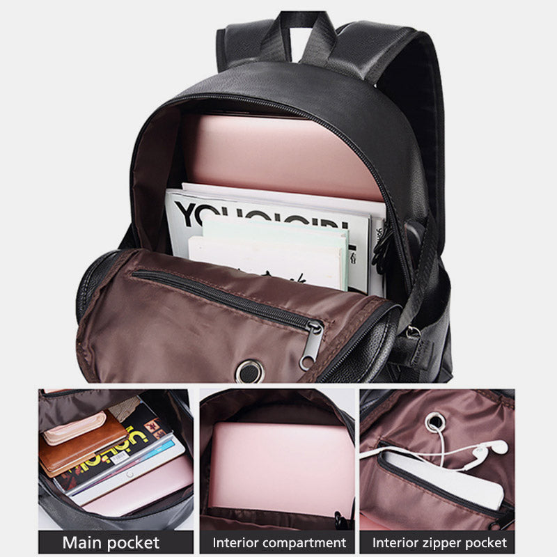 Multifunctional Anti-theft Large Capacity Leather Backpack With USB Charging Port