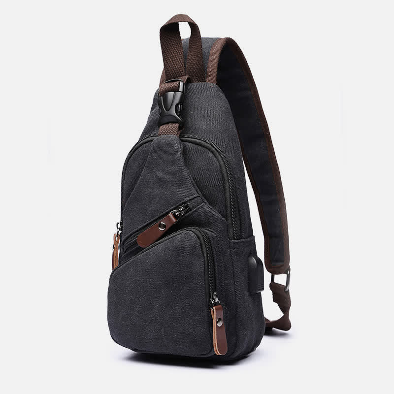 Canvas Sling Bag Crossbody Backpack Casual Rucksack with USB Charging Port