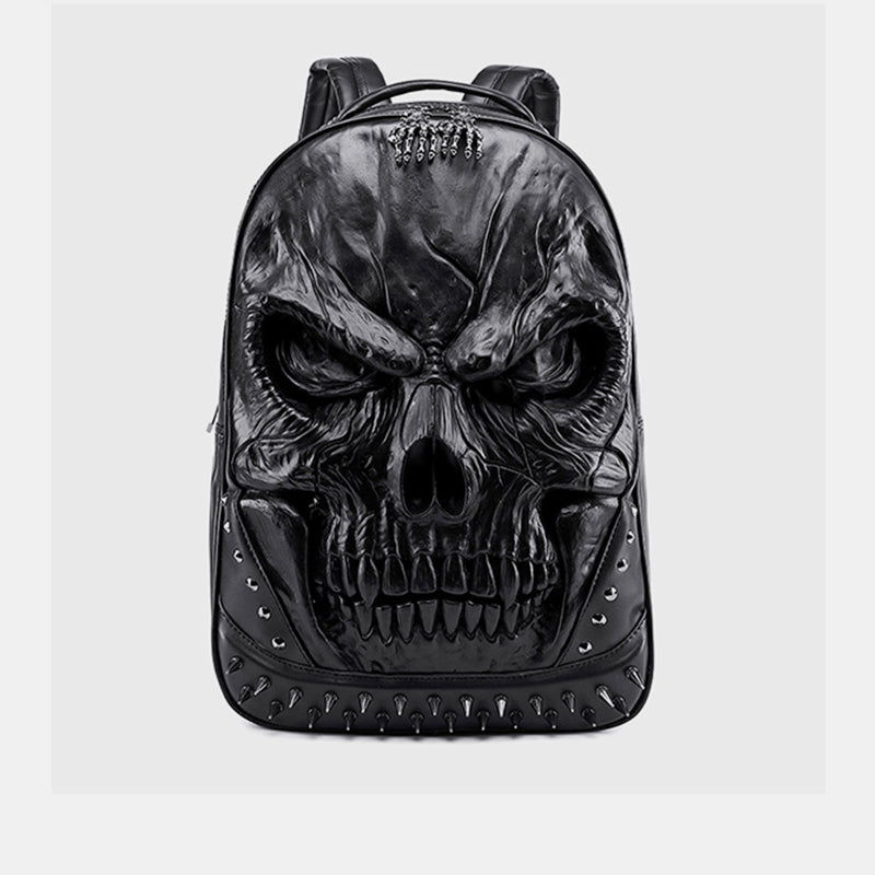 3D Skull Punk Rivet Leather Backpack Waterproof Embossed Ghost Head Knapsack