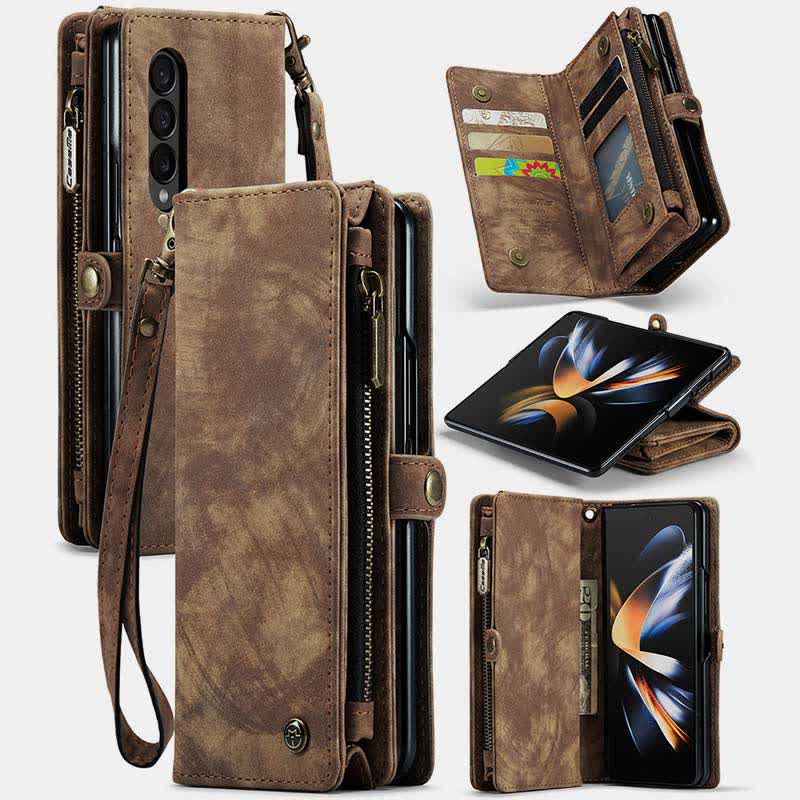 Durable Leather Magnetic Wallet Case for Z Fold 4 with Wrist Strap