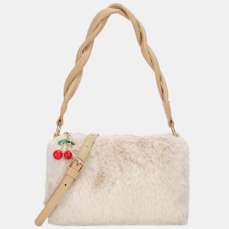 Women Winter Plush Handbag Fluffy Cherry Crossbody Shoulder Purse Hobo Bag