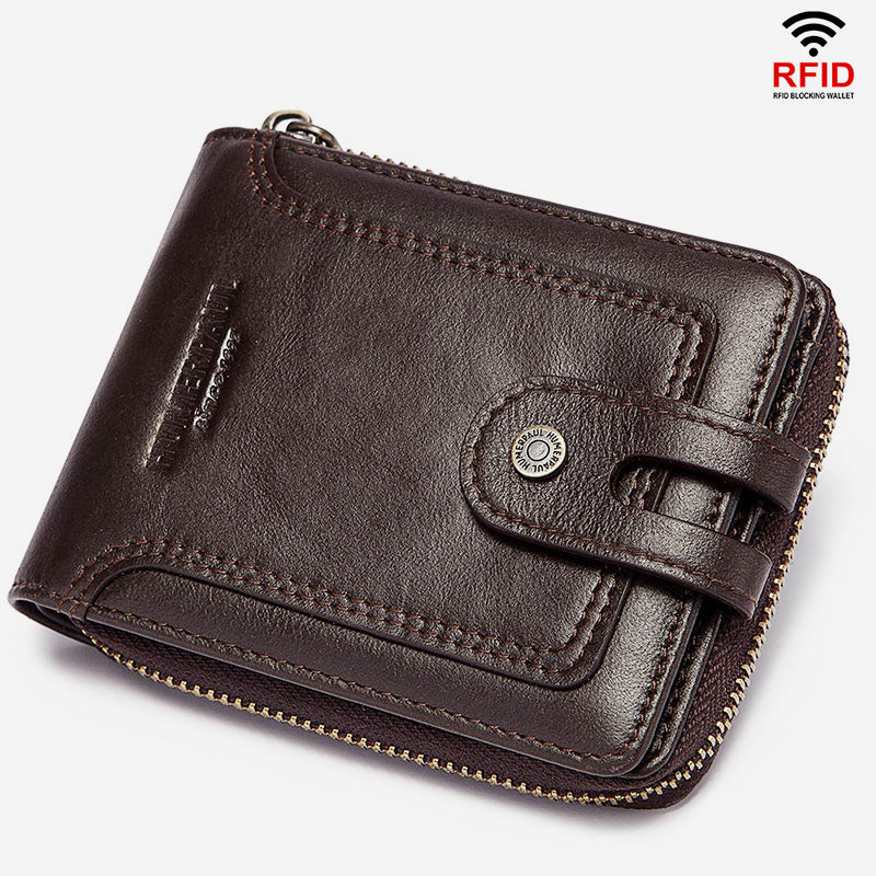 Genuine Leather RFID Blocking Trifold Zip Around Wallet