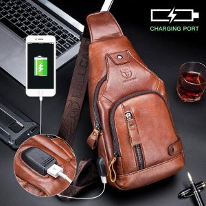 USB Charging Real Leather Sling Bag