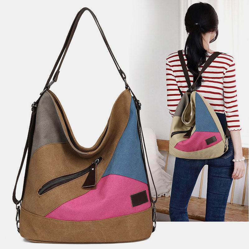 Women’s Tote Canvas Backpack for Color Block Shoulder Hobo Bag Rucksack