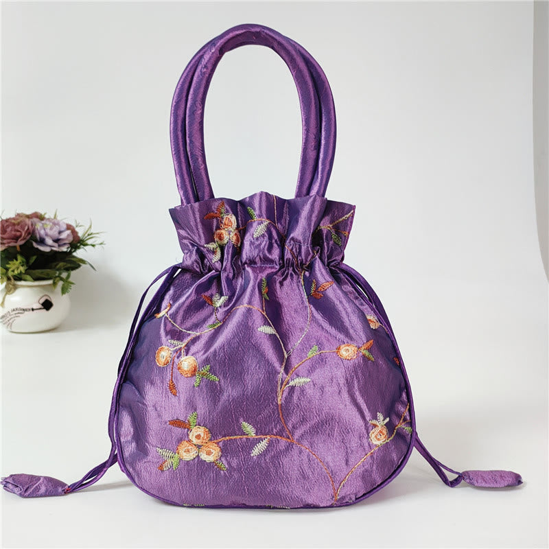 Embroidery Floral Clutch Drawstring Bucket Bag Handbag Party Bag