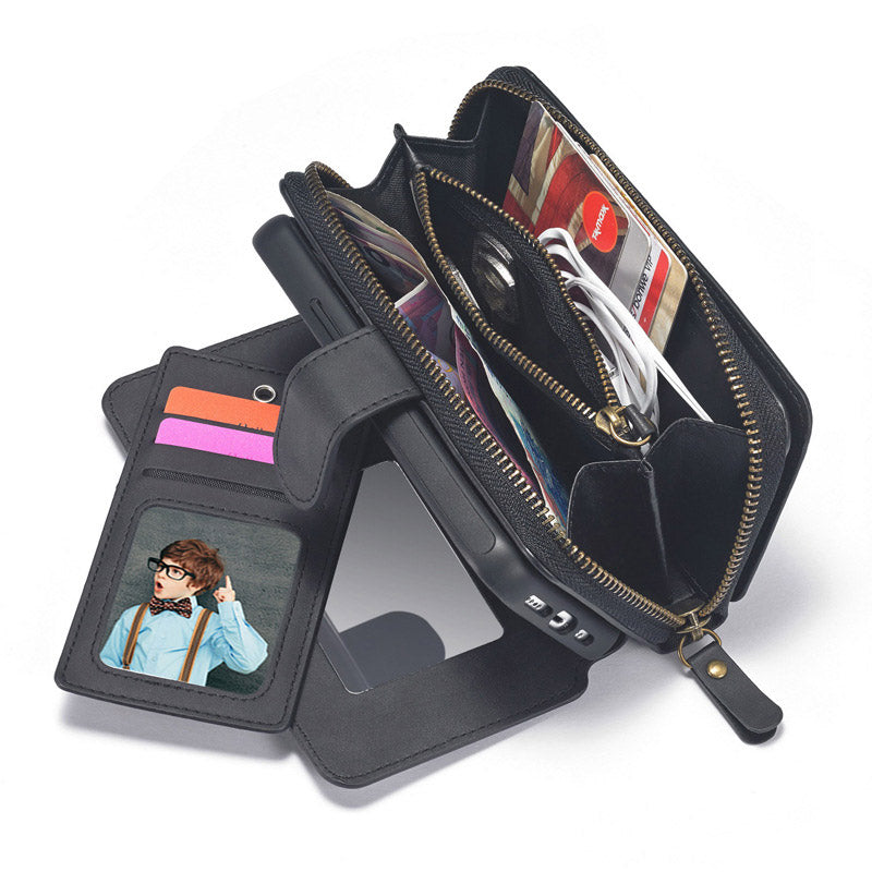2-in-1 Zip Around Wallet Phone Case with Mirror Compatible with iPhone Samsung