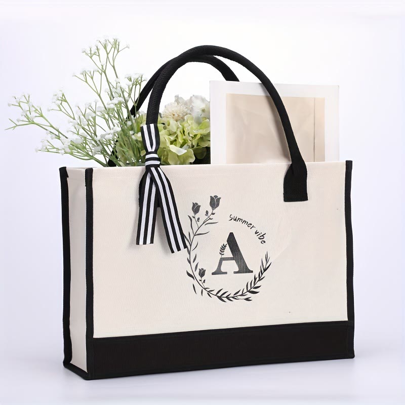 Custom Initial Floral Canvas Tote Shopping Travel Handbag