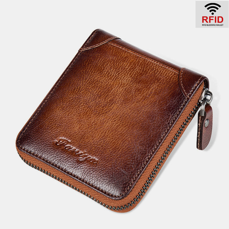 RFID Anti-theft Vintage Genuine Leather Zipper Wallet