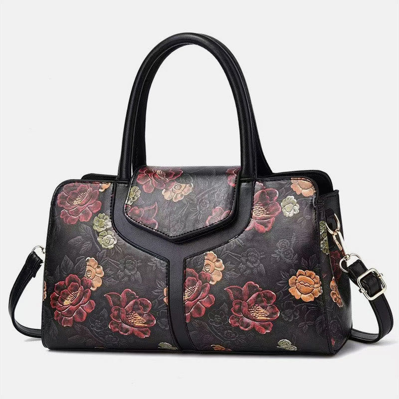 Retro Floral Emboss Handbag Women Horizontal Crossbody Leather Bag