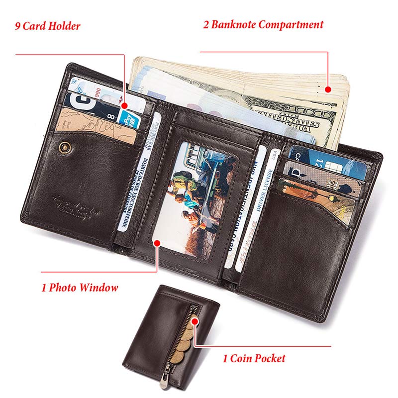 Trifold Roomy Leather Wallet RFID Blocking Anti-theft Wallet